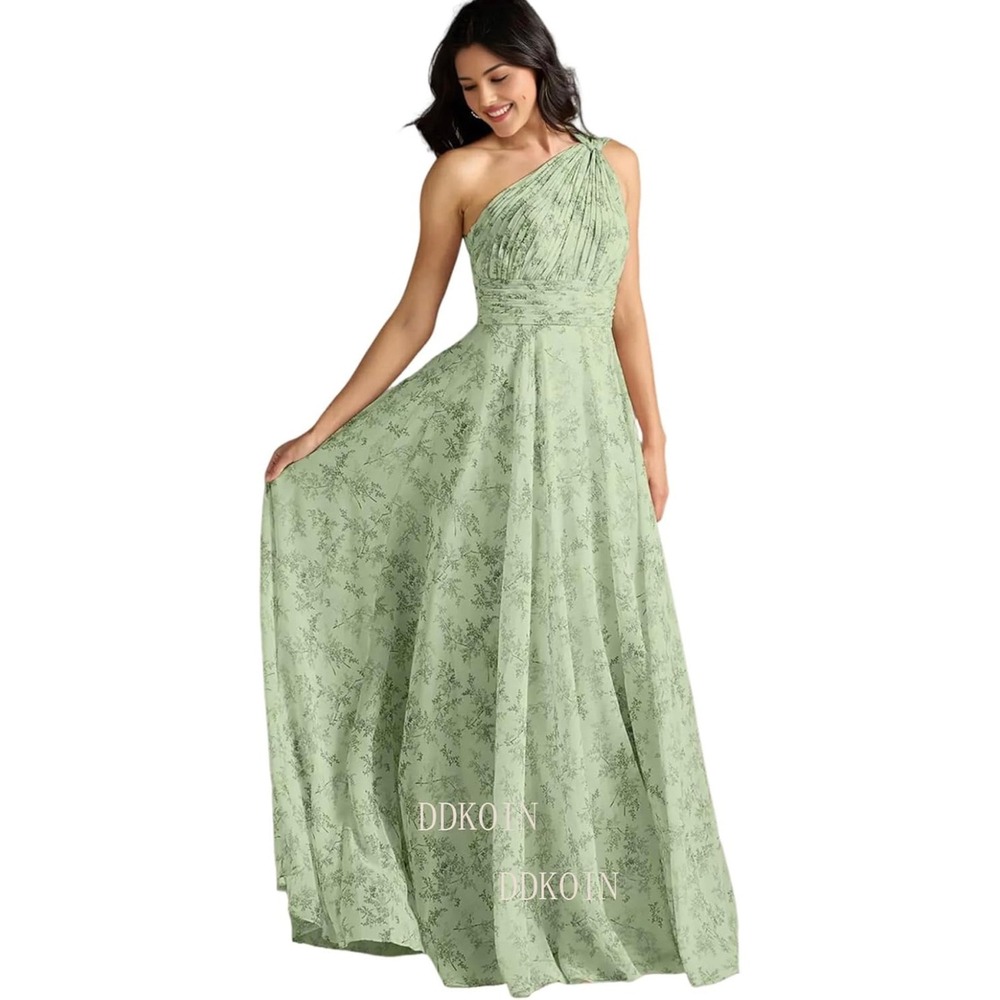Sage Green Floral One Shoulder Maxi Dress Pleated Formal Gown